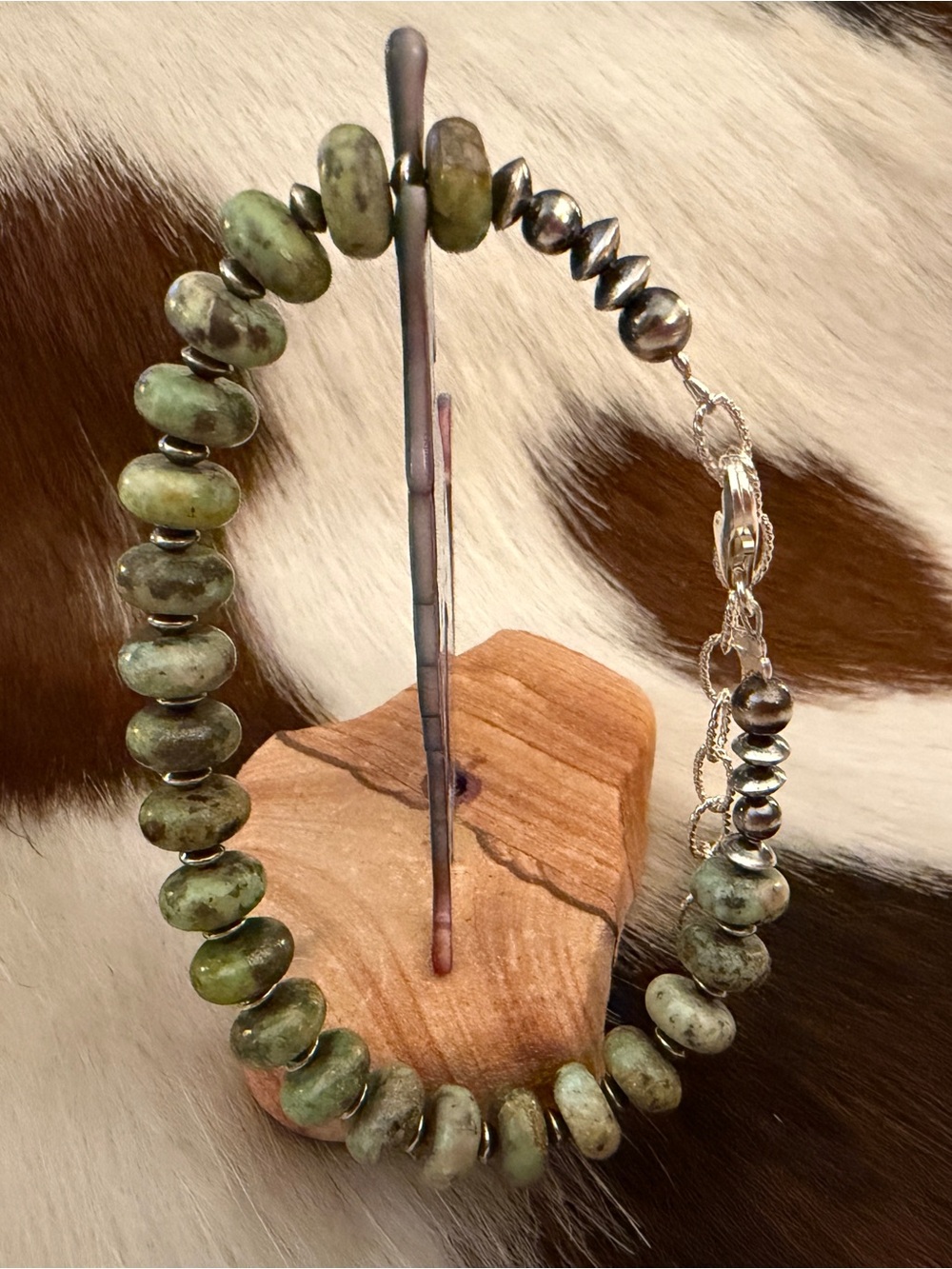 ❤️ 925 Desert Pearls & Saucers Cerrillos Green Turquoise Bracelet Unisex 7+2”L